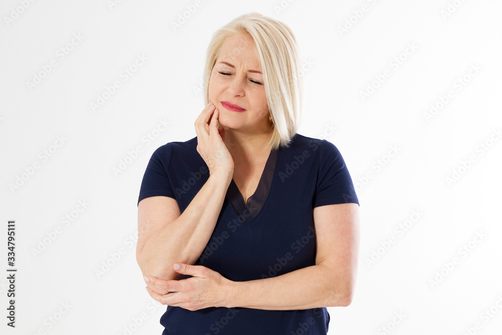 woman with toothache, Attractive middle aged woman pressing her bruised cheek with a painful expression as if she's having a terrible tooth ache. Female tooth pain cocncept, medicine dentistry concept - obrazy, fototapety, plakaty 