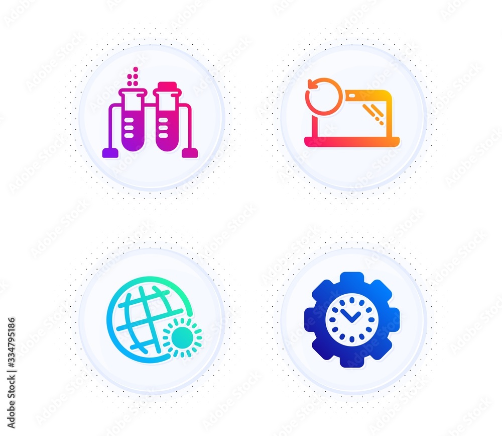World weather, Recovery laptop and Chemistry beaker icons simple set. Button with halftone dots. Time management sign. Sunny, Backup data, Laboratory flask. Settings. Science set. Vector