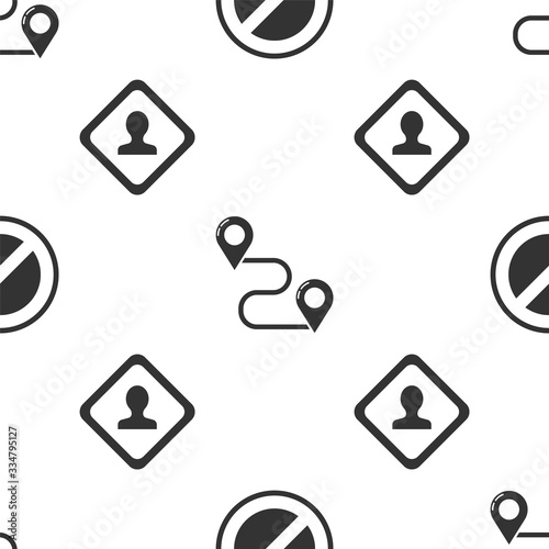Set Stop sign, Route location and Road traffic sign on seamless pattern. Vector