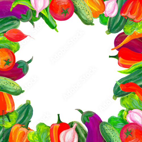 The frame of bright vegetables is hand-drawn with gouache for decoration of menus, business cards, shop windows, textiles, postcards. Peppers, eggplant, zucchini, cucumbers, garlic. Place for text