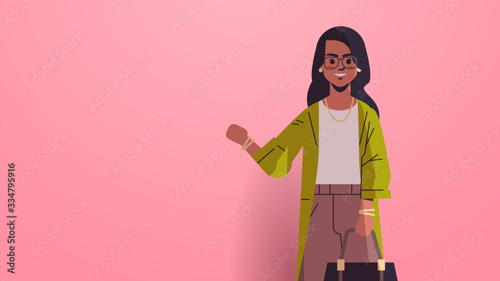 beautiful indian woman with handbag waving hand and posing to camera smiling female cartoon character portrait horizontal vector illustration