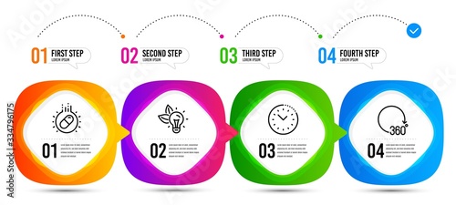 Eco energy, Time management and Capsule pill line icons set. Timeline steps. 360 degrees sign. Lightbulb, Office clock, Medicine drugs. Full rotation. Science set. Vector