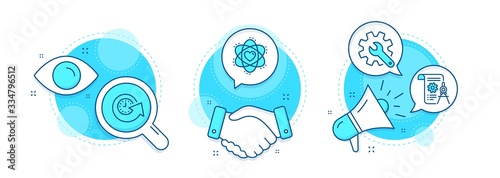 Divider document, Update time and Atom line icons set. Handshake deal, research and promotion complex icons. Customisation sign. Report file, Refresh watch, Electron. Settings. Technology set. Vector