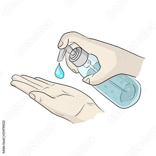 Washing hand with sanitizer alcohol vector illustration sketch doodle hand drawn isolated on white background