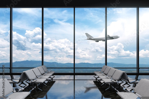3D Rendering : illustration of at airport terminal. view from airport looked out. big window glass. airplane flying on blue sky background. travel around the world concept. ready for travel concept