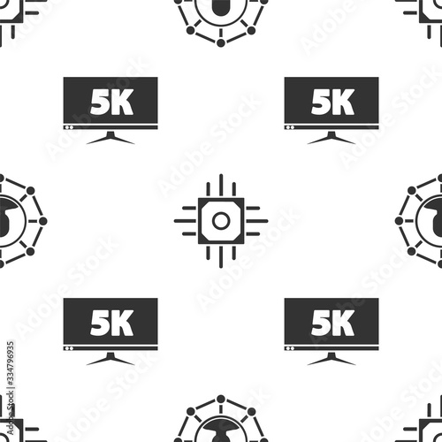Set Project team base, Processor and Monitor display with 5k video on seamless pattern. Vector