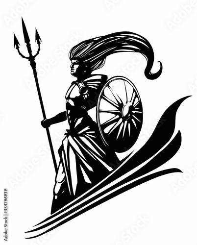 The young God Poseidon with long hair, a muscular naked torso, and a shield and Trident in his hands .2D illustration.