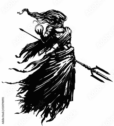 God Poseidon in a torn tunic, mustachioed with a powerful muscular body, in his right hand he has a sphere, in his left a Trident .2D illustration.