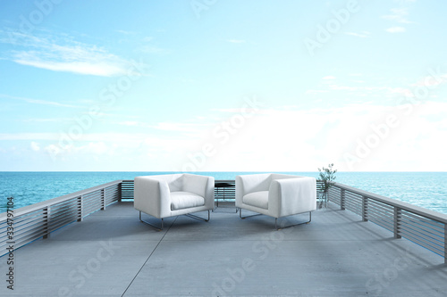 3D Rendering : illustration of resting area of balcony with two couch armchair sofa outdoor. high view. sun deck of resort. sea view and blue sky. chill out summer season concept.