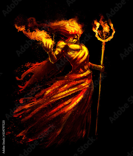 The fire spirit, surrounded by sparks and flames, holds a sphere of fire in his right hand, and a flaming staff in his left .2D illustration.
