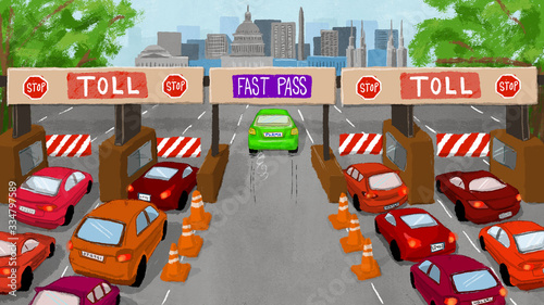 Foto Fast pass lane while cars waiting in traffic at tolls