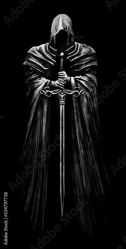 Obraz na płótnie A creepy Ghost in a sinister hood in which a black void, he hovers in the air, holding a long sword in his hands