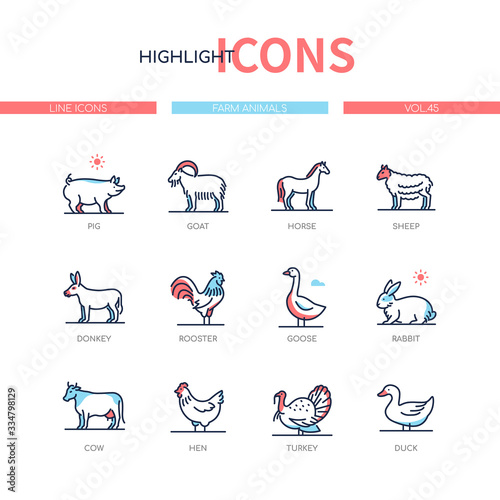 Farm animals collection - line design style icons set