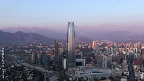 Santiago, Chile, aerial view of financial district showing landmark buildings at sunset. photo