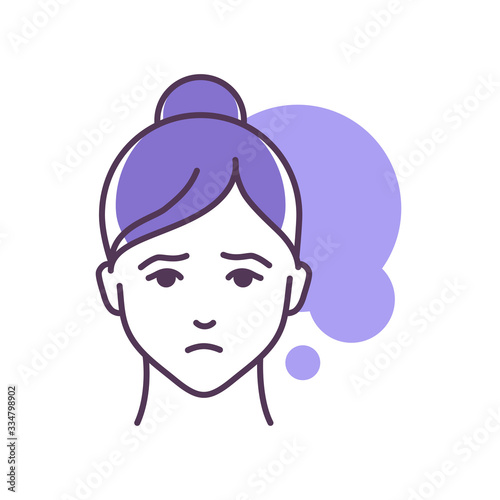 Human feeling despair line color icon. Face of a young girl depicting emotion sketch element. Cute character on dark blue background. Outline vector illustration.