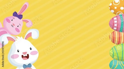 happy easter animated card with rabbits couple and eggs painted