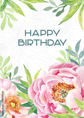 postcard watercolor peonies and leaves