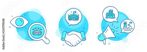 Sports arena, Arena and Buildings line icons set. Handshake deal, research and promotion complex icons. Lighthouse sign. Event stadium, Sport stadium, City architecture. Navigation beacon. Vector