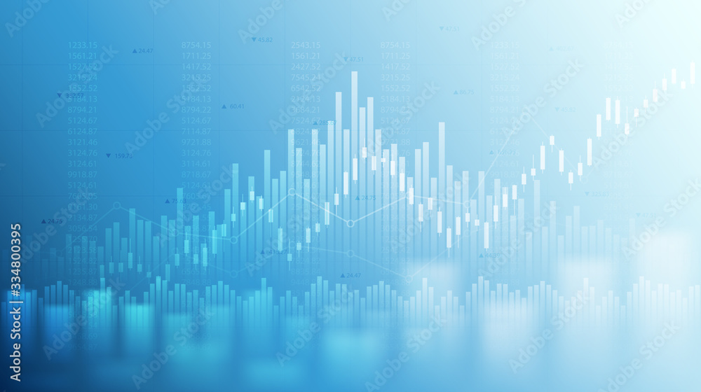 Widescreen abstract financial chart with uptrend line graph and candlestick on black and blue color background