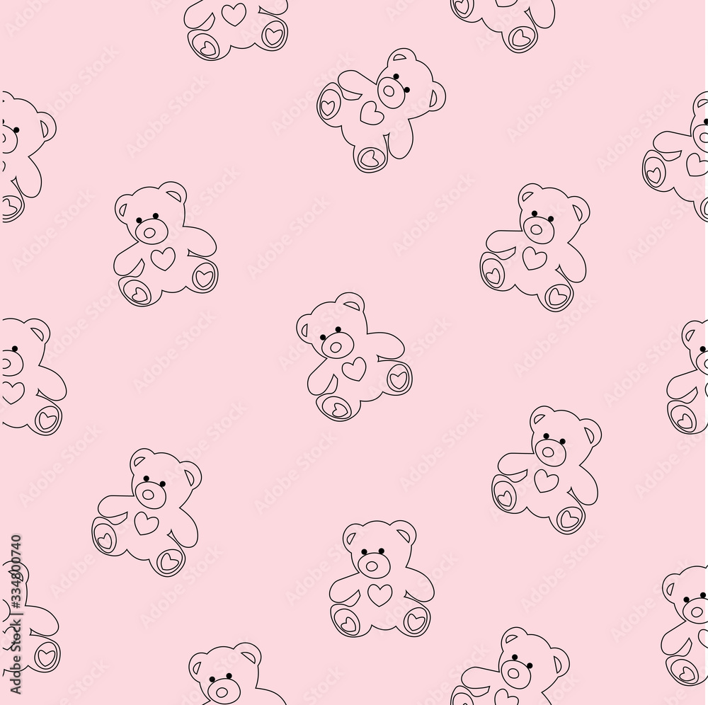 Seamless pattern vector illustration of hand drawn bear with heart. Ink drawing, beautiful animal design elements. Funny illustration Valentine's Day toy on pink color background Seamless pattern vector illustration of hand drawn bear with heart. Ink drawing, beautiful animal design elements. Funny illustration Valentine's Day toy on pink color background