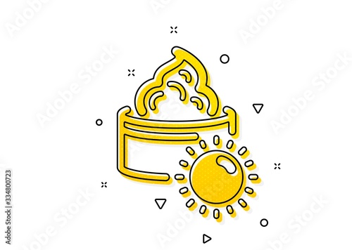 Skin care sign. Sun face cream icon. Cosmetic lotion symbol. Yellow circles pattern. Classic sun cream icon. Geometric elements. Vector
