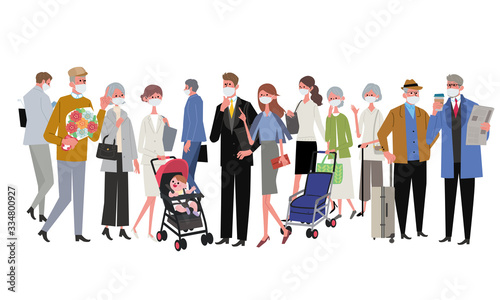 マスク姿の密集する人々　笑顔　イラスト