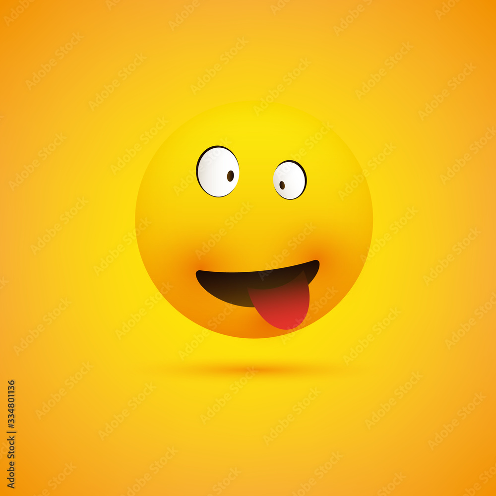 Simple Smiling Crazy Emoticon with Squinting Eyes and Tongue Stuck Out Making Face - Emoji on Yellow Background, Vector Design Simple Smiling Crazy Emoticon with Squinting Eyes and Tongue Stuck Out Making Face - Emoji on Yellow Background, Vector Design