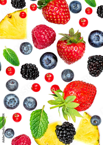 Fototapeta Naklejka Na Ścianę i Meble -  Fresh berries isolated on white background, top view. Strawberry, Raspberry, Blueberry and Mint leaf, flat lay..