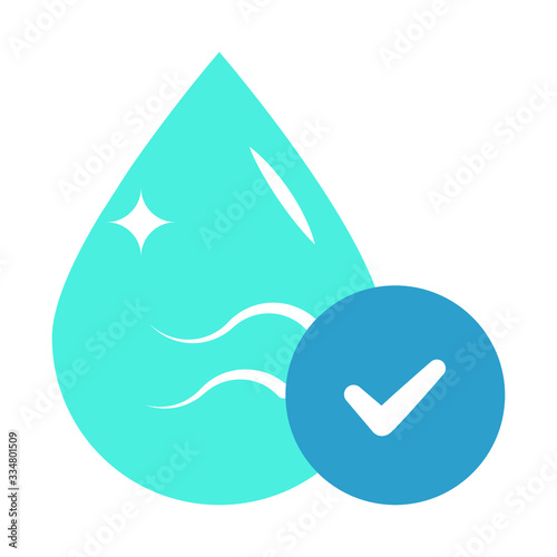 Blue Shiny Coronvirus Sanitization Sign Vector Flat Icon Design, Sparkle Drop with Check Sign Concept