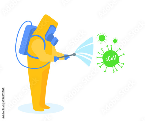Worker in an yellow protective suit spraying the coronavirus molecule. Vector cartoon flat illustration isolated on a white background.