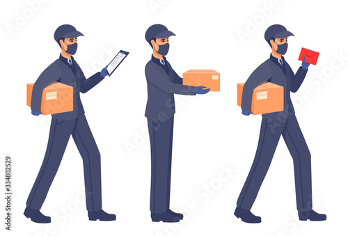Delivery of packages during the epidemic. Boy worker in a cap, an uniform, medical gloves, mask covered face. Sickness prevention. Vector flat cartoon illustration.