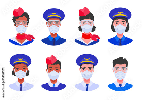 Aircrew avatars set. The flight crew team wears protective surgical masks. Cabin crew, flight attendant, stewardess, pilot portraits.