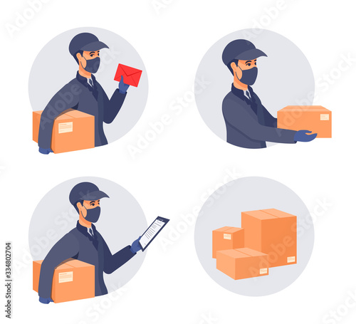 Courier delivery box with the order. A postal worker, a mailman wear a cap, a uniform, medical gloves, mask covered face. Sickness prevention during coronavirus.