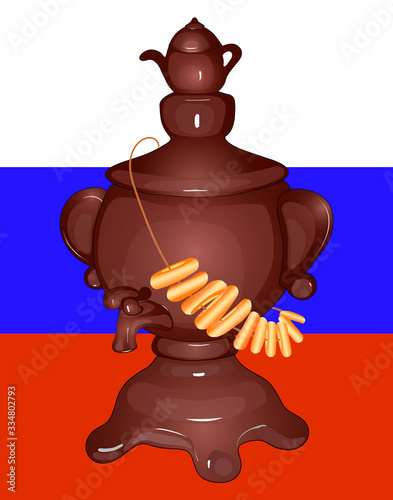 Russian samovar with a teapot, Bagels on the samovar. flag of Russia. Isolated. Vector
