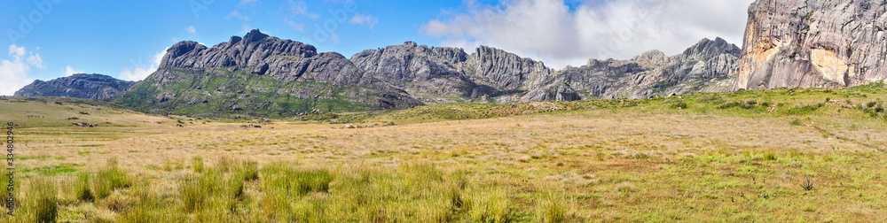 Andringitra Massif in Madagascar, wide panorama as seen from valley during trek to Pic Boby peak