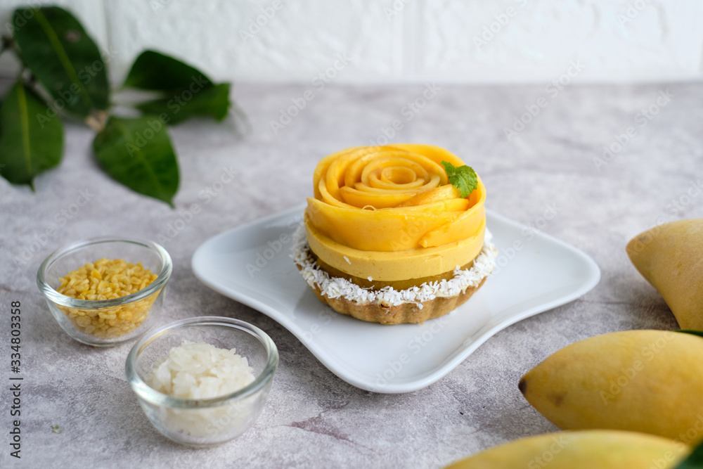 Mango Mousse tart with sticky rice and fresh mango. Mango Mousse tart with sticky rice and fresh mango.
