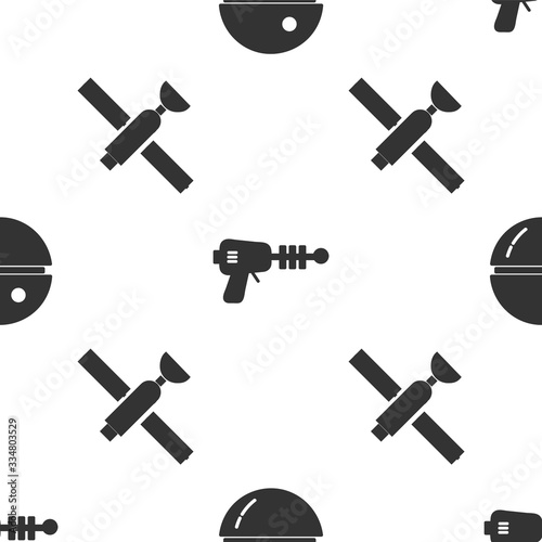 Set Death star, Ray gun and Satellite on seamless pattern. Vector