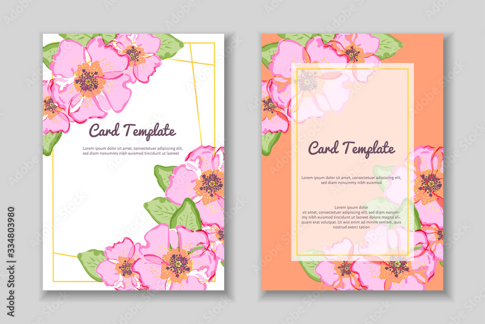 Set of rectangular golden line frame with hand drawn pink dog rose flower arrangement. Greeting card template. Stock Vector illustratio