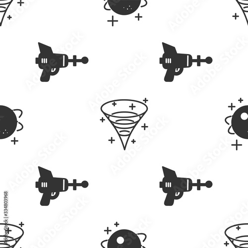 Set Planet, Black hole and Ray gun on seamless pattern. Vector