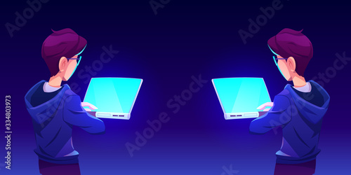 Teenage boy using computer app. Man hold in hand laptop with shiny blue screen back view. Vector cartoon illustration with gadget user. Ads of mobile device application