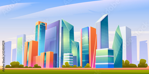 Urban cityscape panoramic banner vector cartoon illustration with buildings, city skyline with skyscraper and tower architecture, megapolis landscape, town scenic background with clouds