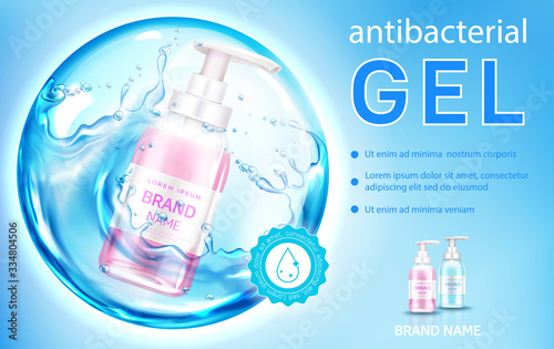 Antibacterial gel, liquid antiseptic soap banner mock up. Pump bottle inside of splashing water sphere, lather container for bath or toilet room on blue background, Realistic 3d vector illustration