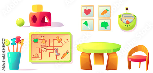 Montessori kindergarten equipment and toys for playroom, elementary school class. Wooden furniture table, chair, teaching materials sorters, digits and educational cards, cartoon vector illustration