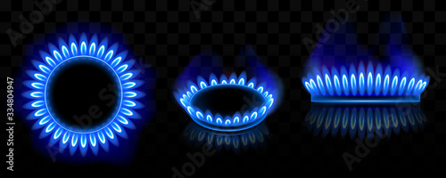 Gas burner with blue flame, glowing fire ring on kitchen stove. Vector realistic mockup of burning propane butane in oven for cooking in top and side view isolated on black background