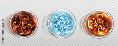 Top view of cola, cold tea and water with ice cubes. Cold soda drinks in glass cups with air bubbles. Isolated summer cocktails or alcohol beverages, Realistic 3d vector illustration, icon, clip art