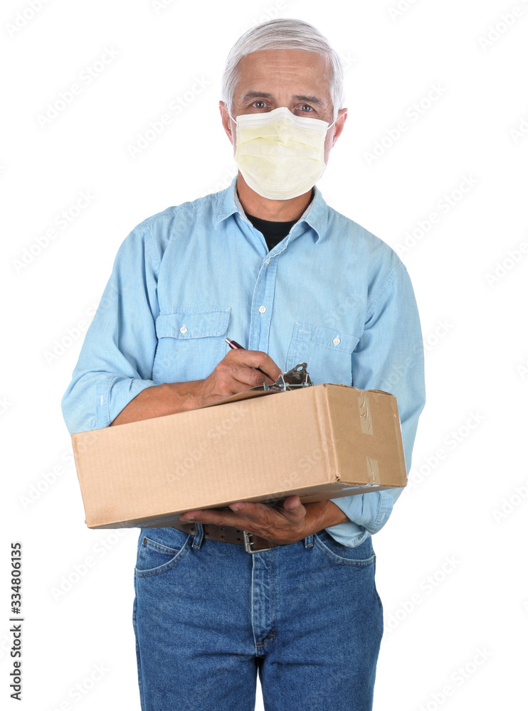 Deliveryman wearing a covid-19 protective mask with package and clipboard isolated on white. Deliveryman wearing a covid-19 protective mask with package and clipboard isolated on white.