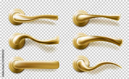 Realistic door handles set, golden knobs of different shapes isolated on transparent background. Shiny gold modern metal doorknobs, design element for interior, 3d vector illustration, icon, clip art