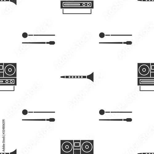 Set Home stereo with two speakers, Clarinet and Drum sticks on seamless pattern. Vector