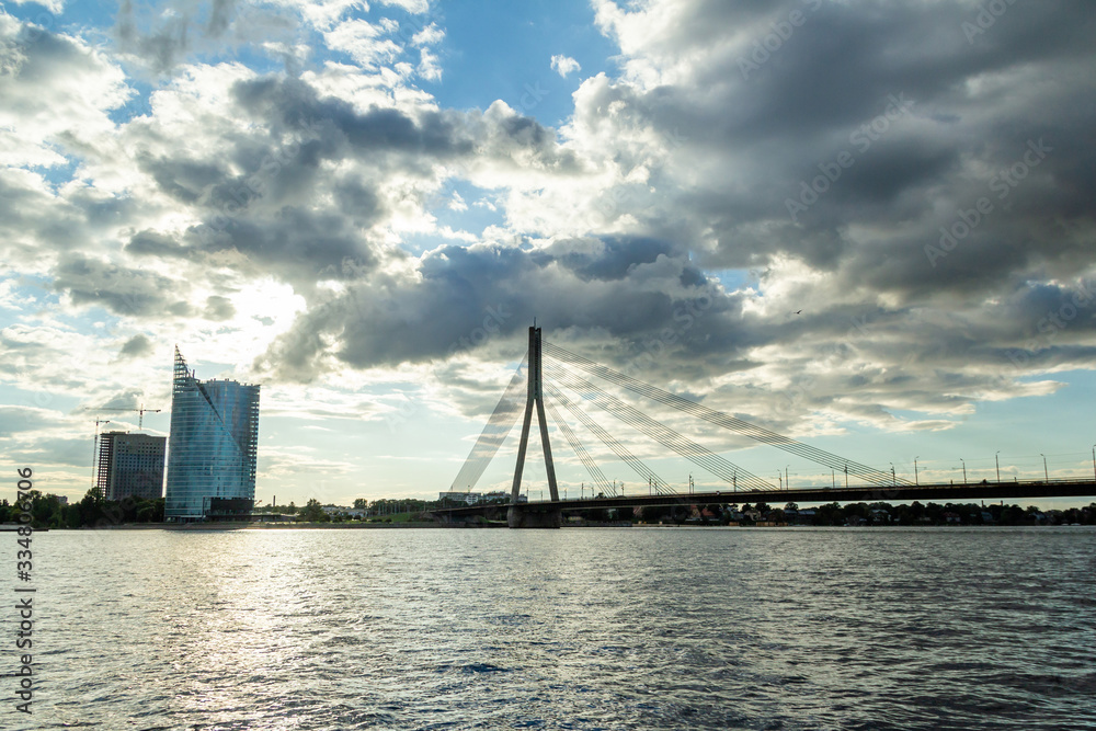 Modern bridge on Daugava river in Riga, capital of Latvia.