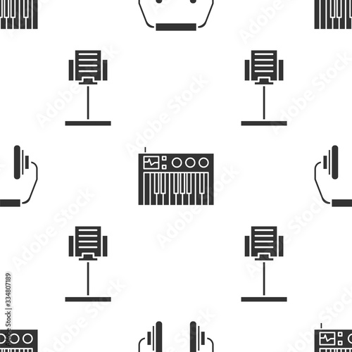 Set Headphones, Music synthesizer and Music stand on seamless pattern. Vector